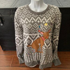 Carbon Humorous  Tacky  Gray White Reindeer Knit Sweater Large